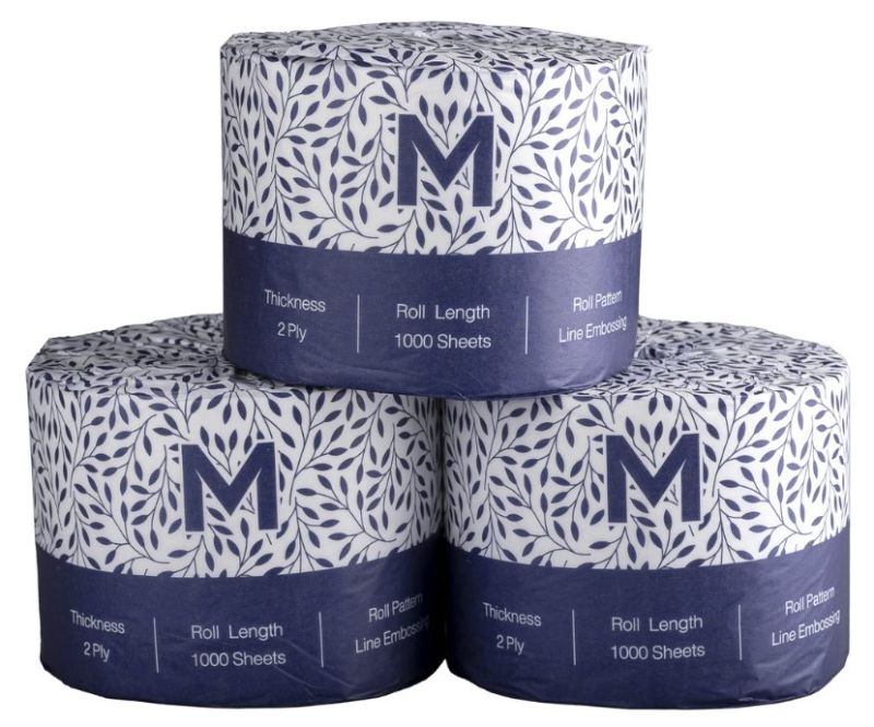 Luxurious wrapped toilet tissue, 2-ply, 1000 sheets per roll, FSC certified, ideal for upscale restrooms and eco-friendly options.
