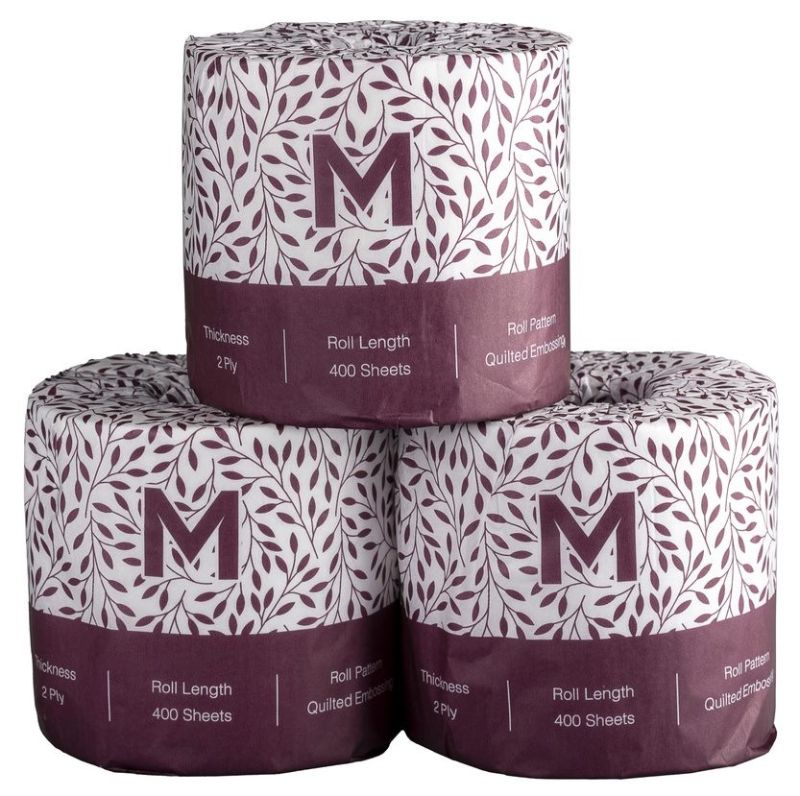 Luxury wrapped toilet tissue in white, 2-ply, 400 sheets per roll, designed for elegance and sustainability in upscale settings.