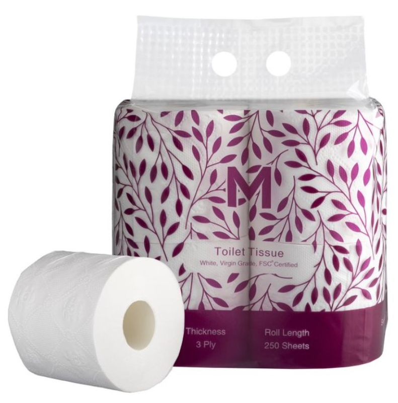 Luxury unwrapped 3-ply toilet tissue rolls in white, 250 sheets each, pack of 48, combining softness, strength, and sustainability.