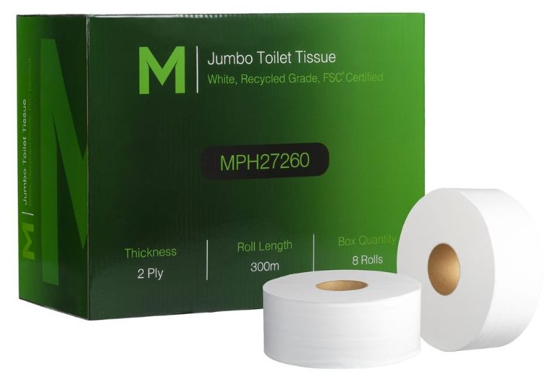 Eco-friendly jumbo toilet tissue, 2 ply, 300m, 8 rolls per pack; made from 100% recycled materials, no dyes or chlorine.