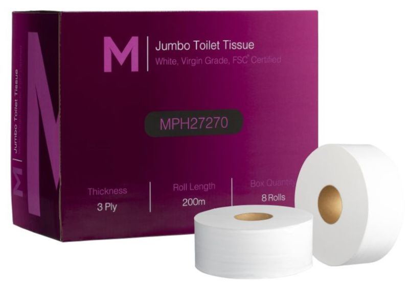 Virgin Jumbo Toilet Tissue Boxed - White, 3 Ply, 200m pack of 8 rolls, offering premium softness and strength for high traffic use.