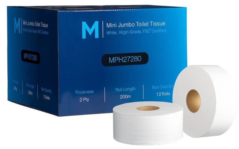 Mini Jumbo Toilet Tissue box with 12 rolls, 2-ply, 200m each, ideal for commercial use in offices and healthcare facilities.