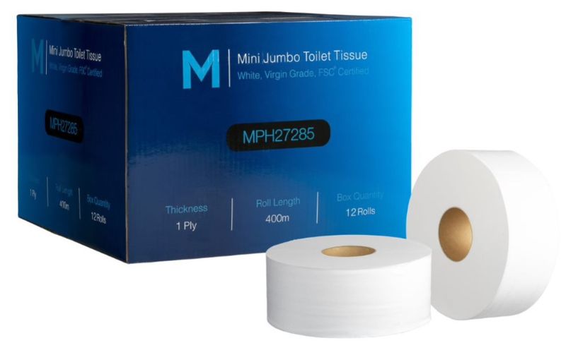 Boxed pack of 12 Mini Jumbo Toilet Tissue rolls, 1 Ply, 400m each, designed for softness, strength, and sustainability.