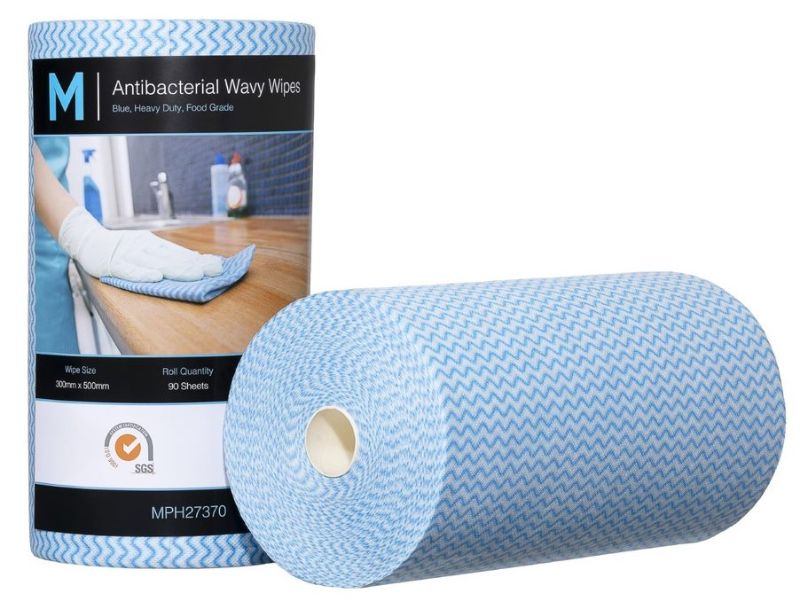 Antibacterial blue wavy wipes, 300mm x 500mm, 90 sheets per pack, designed for effective cleaning and germ removal.
