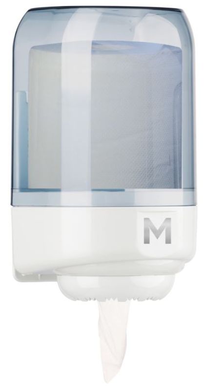 Transparent mini centre feed dispenser for hygienic paper towel access in compact spaces, compatible with standard rolls.