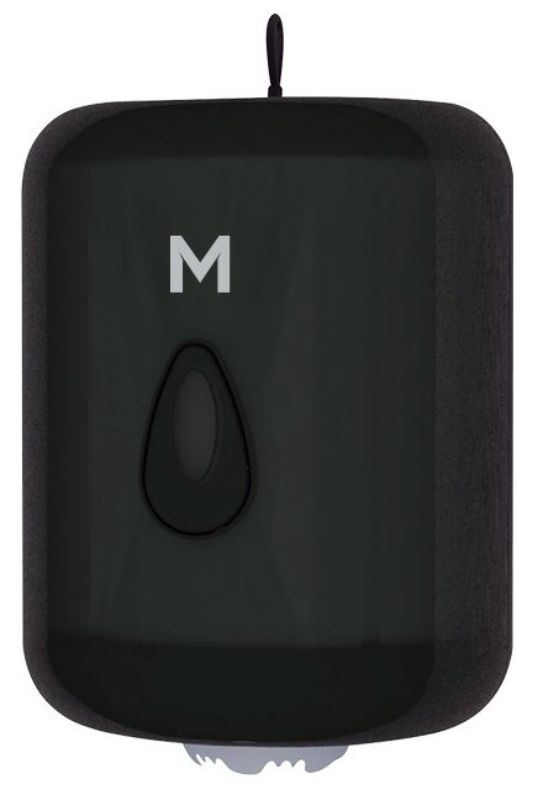 Sleek black centre feed towel dispenser holds 1 roll, ensuring hygienic, easy dispensing with a lockable cover for security.