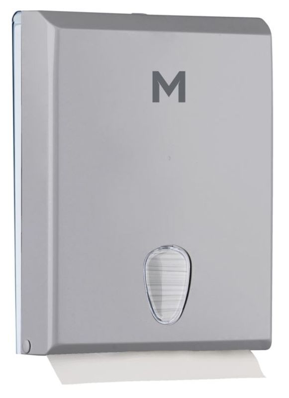 Sleek silver towel dispenser with 600 sheet capacity, designed for hygiene and efficiency in small to medium washrooms.