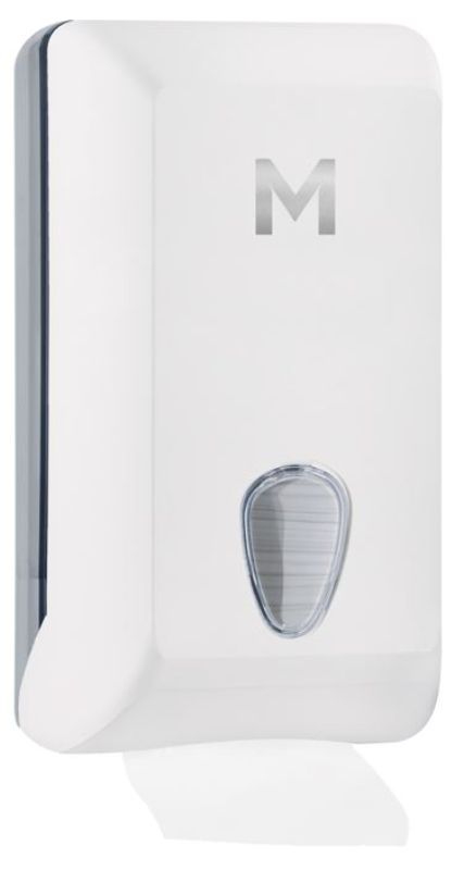 White half slimfold towel dispenser with 400 sheet capacity, designed for compact spaces and easy refilling.