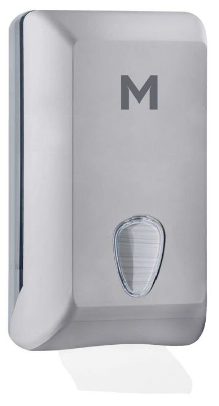 Sleek silver half slimfold towel dispenser, compact design with 400-sheet capacity and viewing window for easy refills.