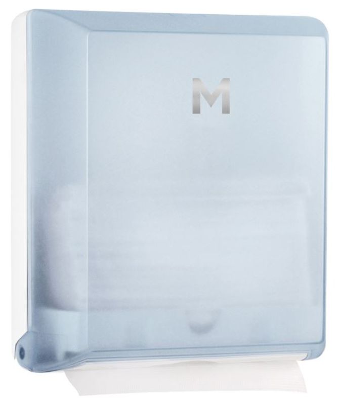 Transparent slimfold paper towel dispenser with 450 sheet capacity, designed for hygiene, easy monitoring, and stylish maintenance.