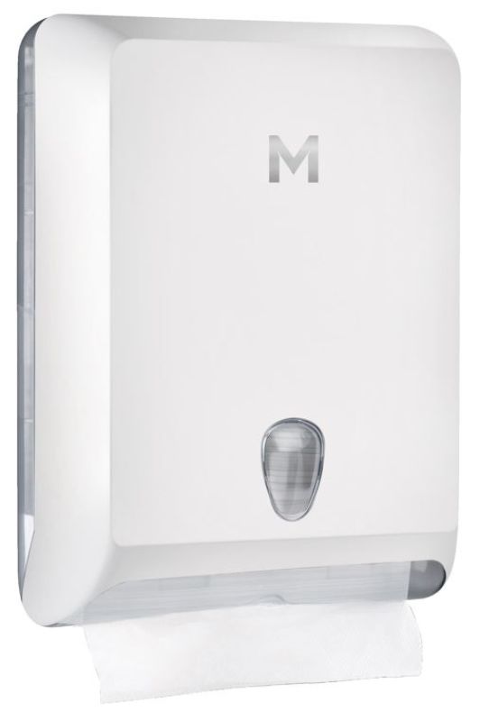 Interfold Towel Dispenser in white with 700-sheet capacity, sleek design, easy to clean, and convenient viewing window.