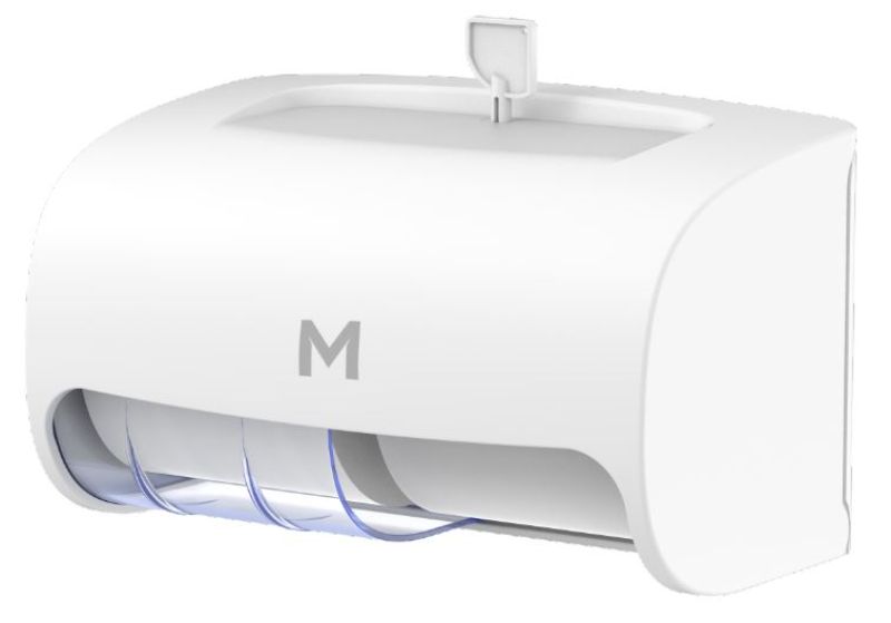 Horizontal white toilet roll dispenser with 2-roll capacity, designed for easy access and efficient toilet tissue use.