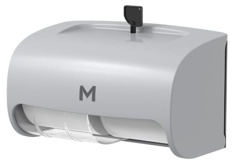 Silver horizontal toilet roll dispenser holding 2 rolls, designed for convenience and modern bathroom aesthetics.