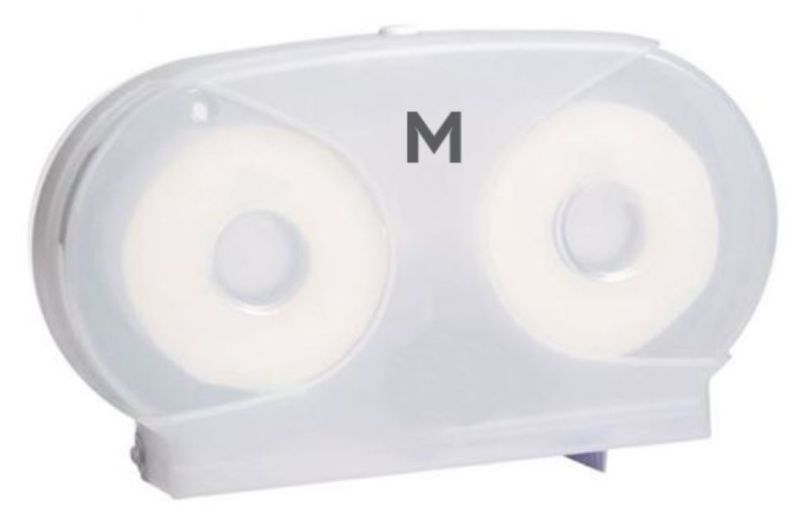Wrapped toilet roll dispenser in white with a 40mm core, capacity for two rolls, ensuring hygiene and organization.