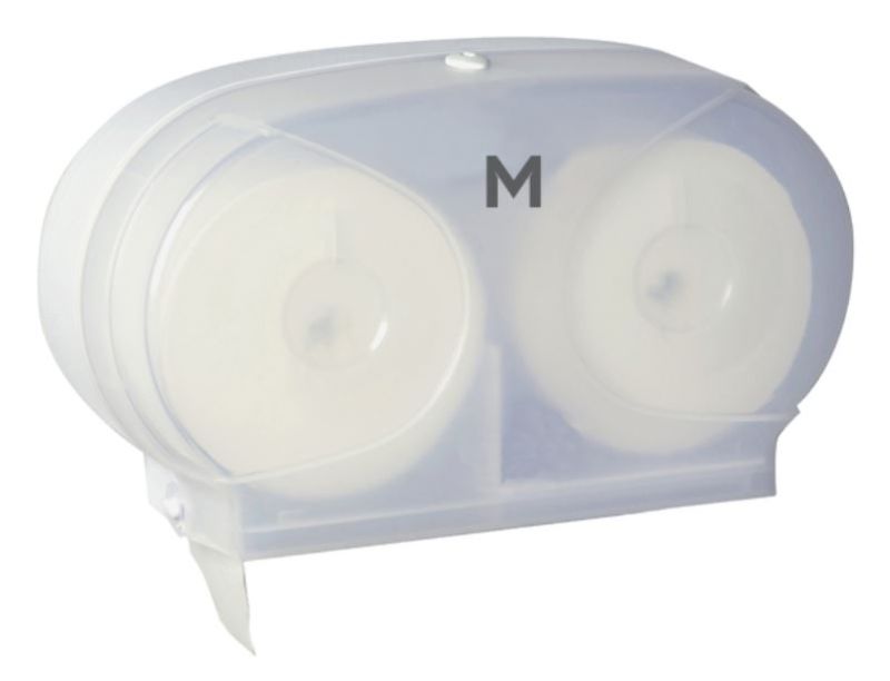 White Wrapped Toilet Roll Dispenser with 20mm core, features dual-roll capacity and sleek design for efficient restroom hygiene.