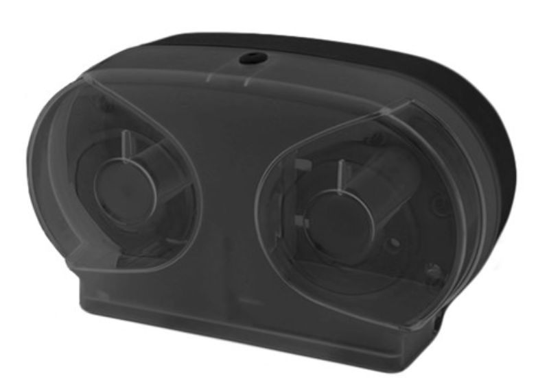Sleek black Wrapped Toilet Roll Dispenser with 40mm core, 2-roll capacity, and user-friendly refill mechanism.