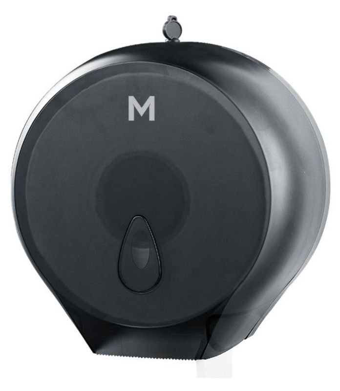 Sleek black jumbo roll dispenser with a viewing window, lockable cover, and durable design for efficient restroom use.
