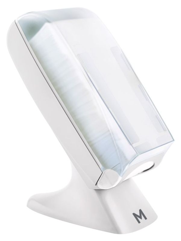 White Standing Napkin Dispenser with 1000-sheet capacity, wall mountable, sleek design for restaurants, promotes hygiene and brand messaging.