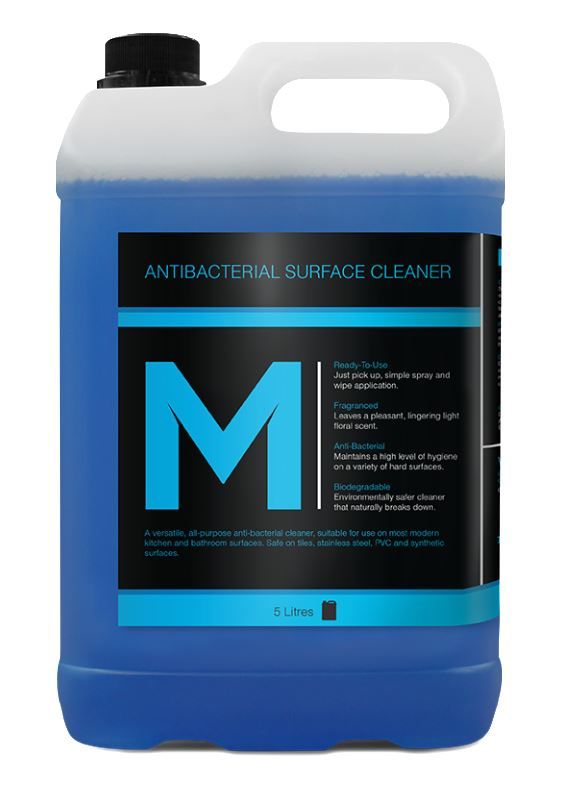 5L refill bottle of antibacterial surface cleaner in blue, effective against grease and germs with a fresh floral scent.
