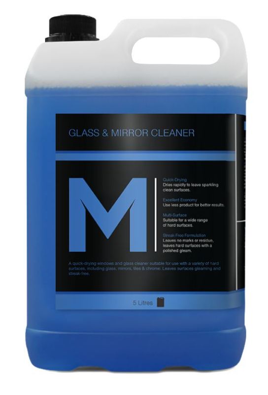 Large 5L refill bottle of blue glass and mirror cleaner with ammonia for streak-free shine on various surfaces.