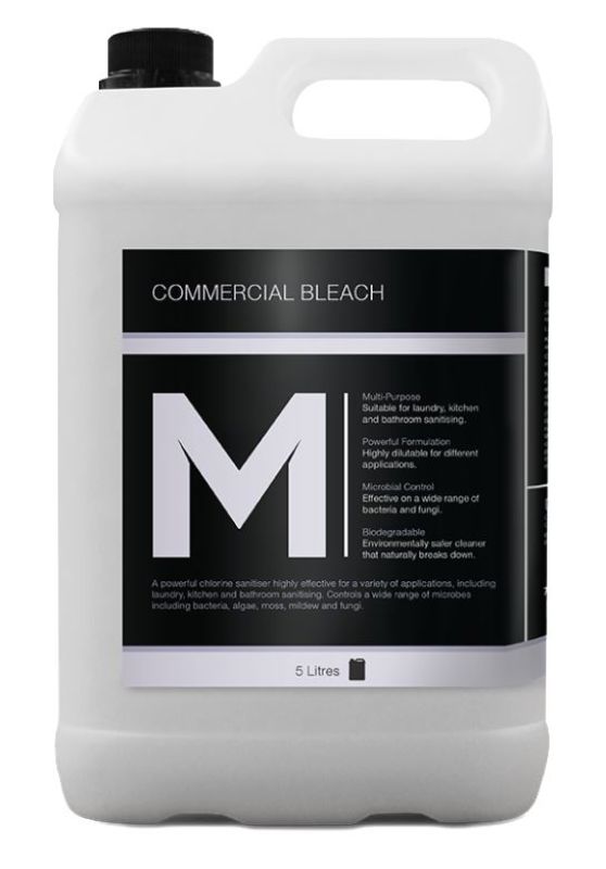 5L refill bottle of clear commercial bleach with 5% stabilised chlorine for powerful cleaning and sanitizing across various surfaces.