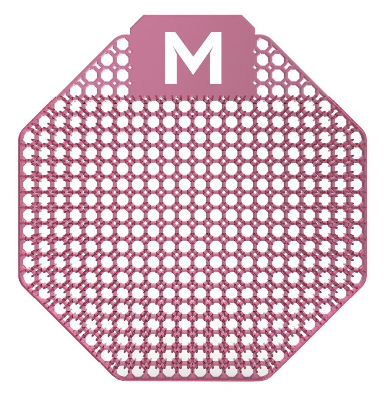 Scented urinal screen in pink with a refreshing mango fragrance, featuring anti-splash design and recyclable material.