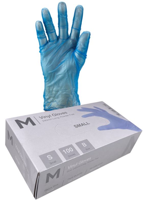 Blue powder-free vinyl gloves, size small, 240mm cuff, ideal for food handling and hygiene, box of 1000.