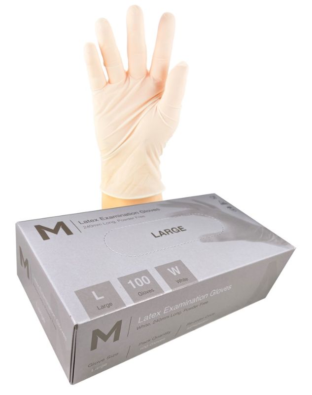 White powder-free latex examination gloves, size L, 240mm cuff, 6.0g, ideal for medical use and sensitive to skin, box of 1000.