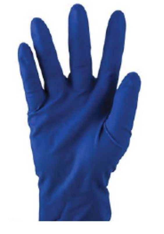 High-risk cobalt blue latex examination gloves, powder-free, size M, with 300mm cuff, eco-friendly, box of 500.