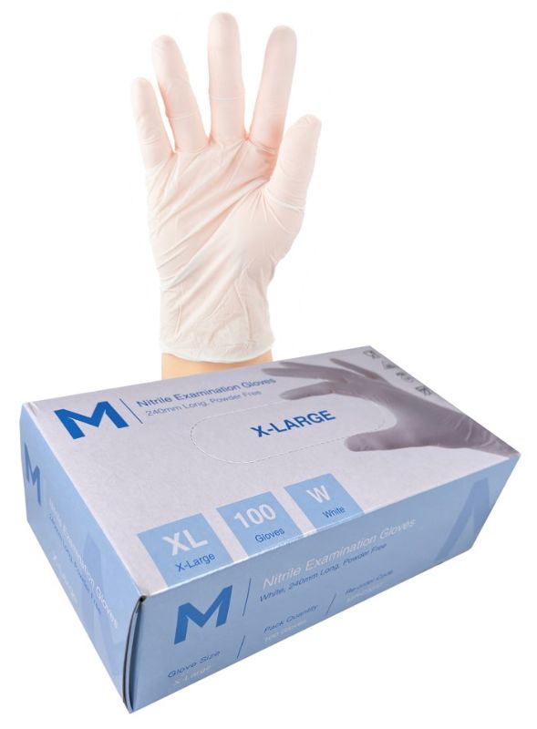White powder-free nitrile examination gloves XL, 240mm cuff, offering superior protection, tactile sensitivity, and durability.