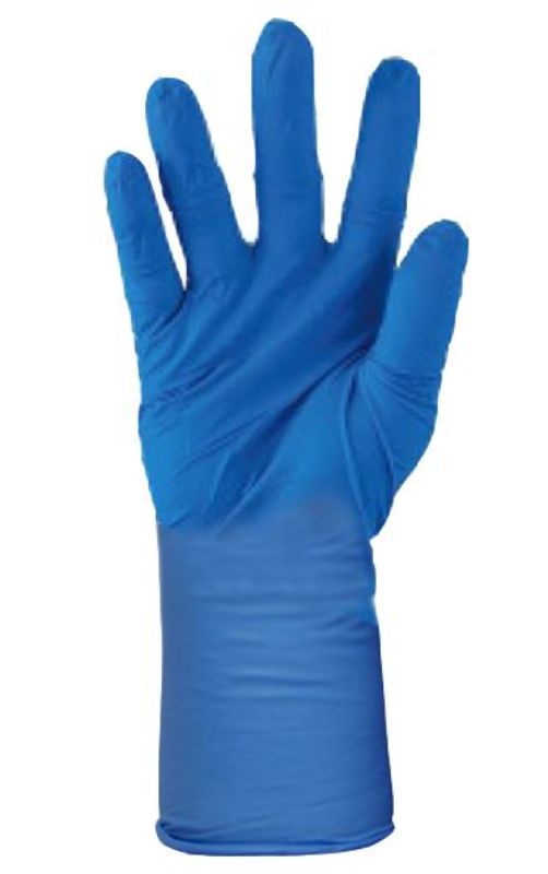 Blue nitrile long examination gloves, size L, 300mm cuff, powder-free, 6.0g, providing durable hand protection in various industries.