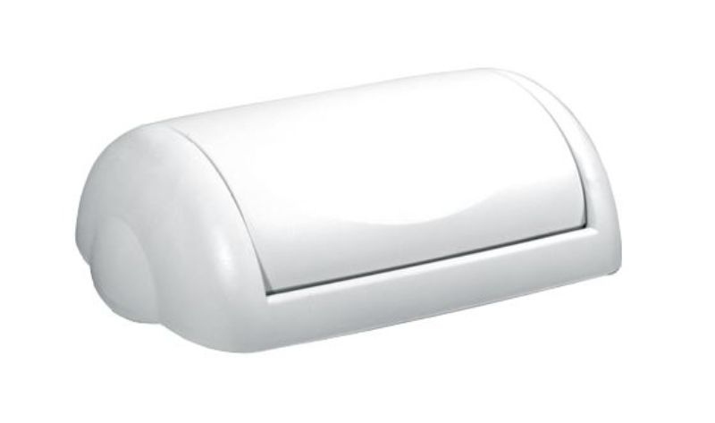 Wall-mounted 23L bin with a white finish and weighted swing lid for easy waste disposal in various environments.
