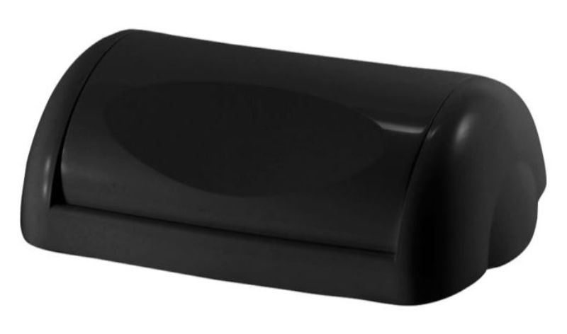 Wall-mounted black bin with weighted swing lid and 23L capacity, ideal for offices, washrooms, and hospitality spaces.