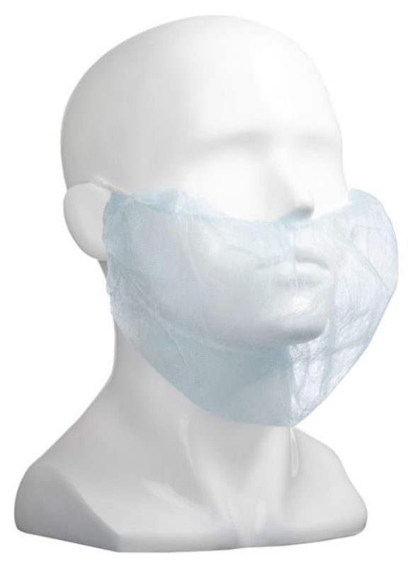 Blue polypropylene beard covers with double loop design, 230mm x 430mm, ensuring hygiene and comfort in professional settings.
