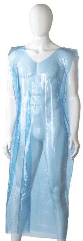 Blue polyethylene sleeveless aprons, 800mm x 1400mm, offering full coverage for hygiene in food processing, box of 250.