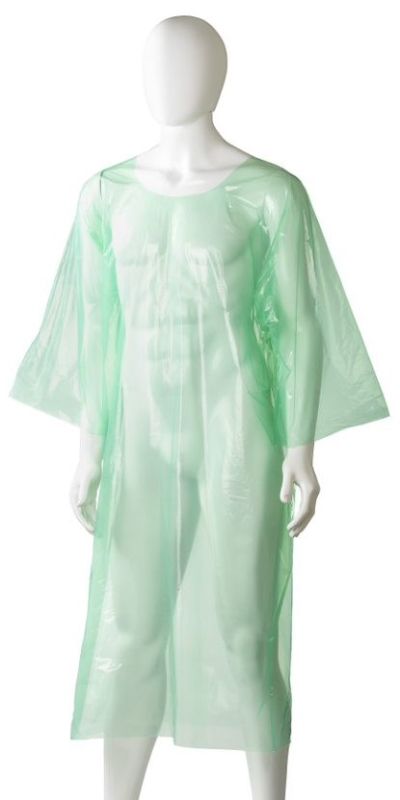 Bright green polyethylene splash jackets provide full-body protection against spills, packed in a box of 200 for various industries.
