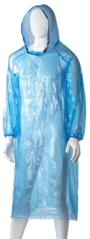 Blue polyethylene hooded ponchos in a box of 96, offering durable, disposable protection for various industries and activities.
