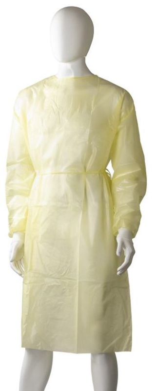 Yellow polypropylene coated isolation gowns, 1200mm x 1400mm, pack of 40, offering liquid-proof protection and comfort.