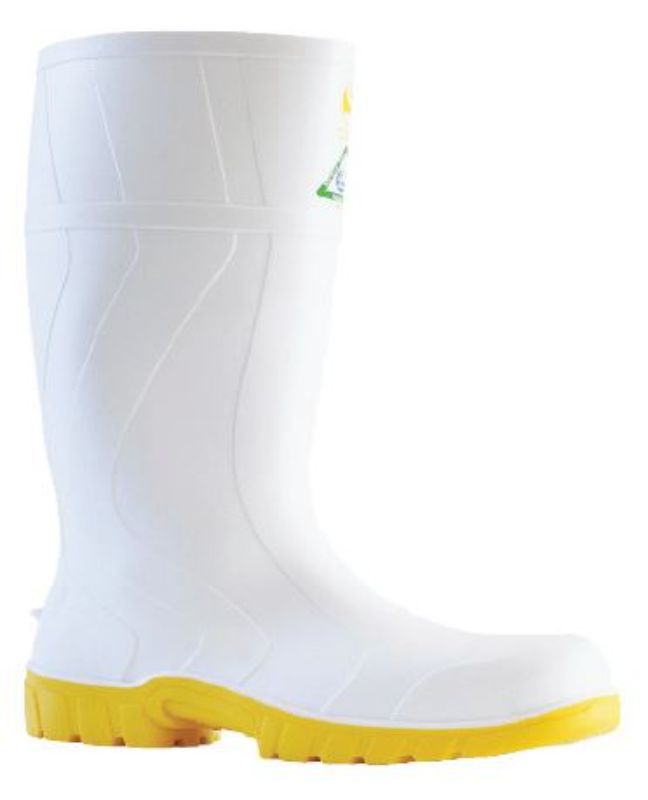 White and yellow industrial gumboots, size 3, with steel toe, slip-resistant sole, and PVC construction for safety and comfort.