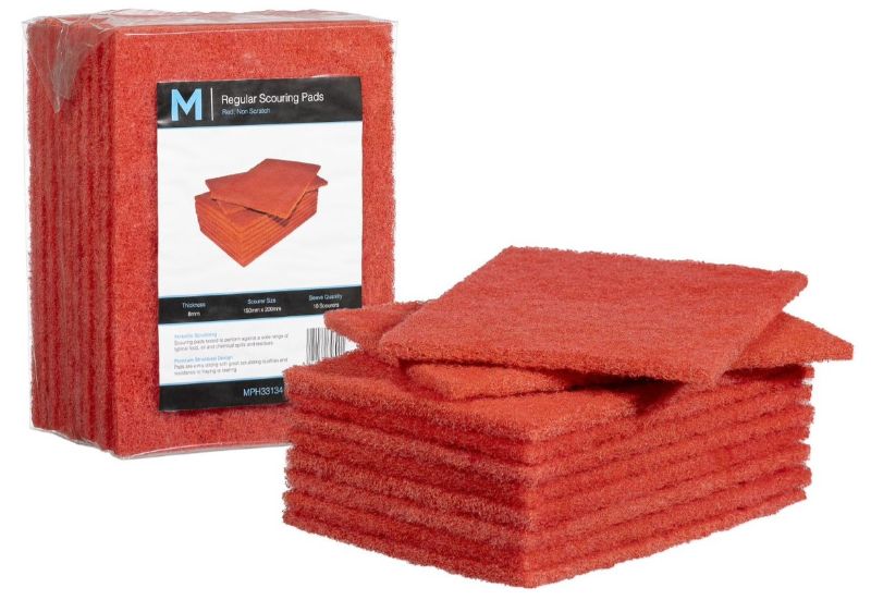 Red Regular Scouring Pad, 150mm x 200mm x 8mm, pack of 80, durable for effective scrubbing and cleaning various surfaces.