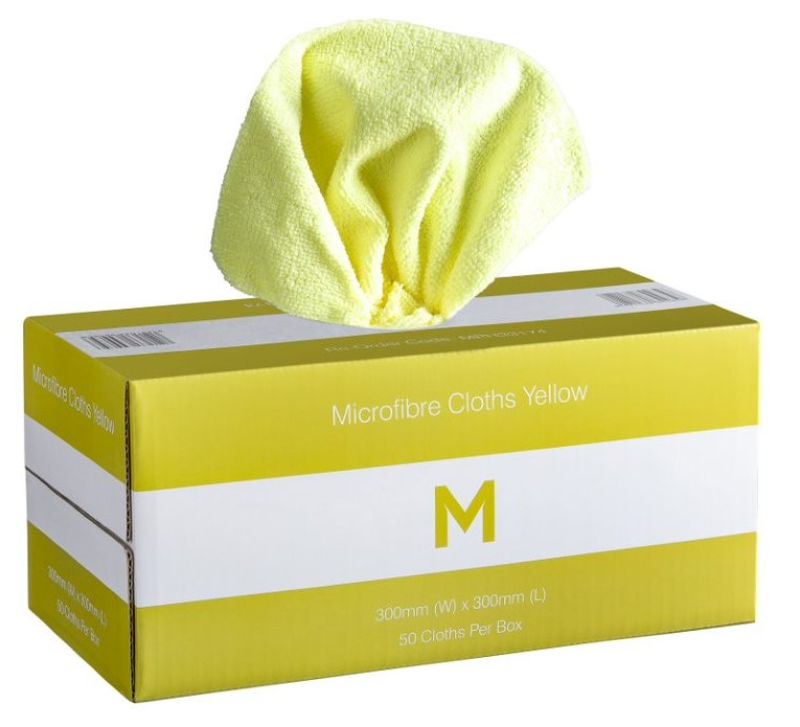 Yellow microfibre cloths, 300mm x 300mm, 185gsm, ideal for quick cleaning, non-abrasive, lint-free, pack of 50.