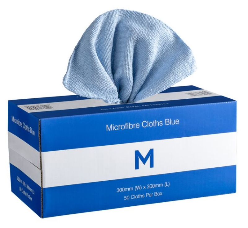 Pack of 50 blue dispenser microfibre cloths, 300mm x 300mm, 185gsm, ideal for lint-free, scratch-free cleaning.