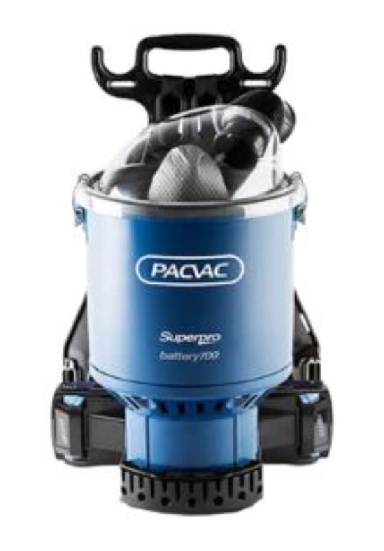 Pacvac Backpack Vacuum in blue with cordless design, Superpro Battery 700 for efficient commercial cleaning and comfort.