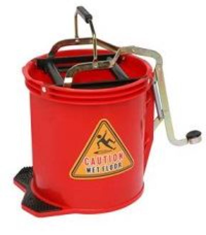 Red Metal Wringer Bucket with 16L capacity, double-sided foot pedal, anti-corrosive design, and soft under pedal pads for stability.