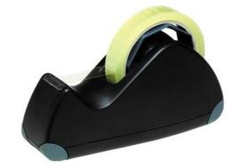 Large black desktop tape dispenser made of durable ABS, featuring rubberised feet for stability and versatile tape roll compatibility.
