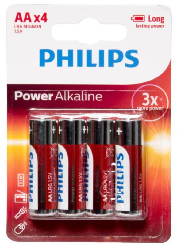 Philips Power Alkaline Batteries (Red, AA) in a pack of 4, designed for reliable power in low to mid-drain devices.