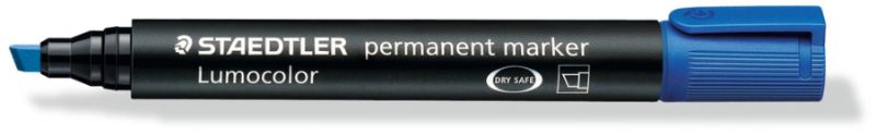 Pack of 10 blue Staedtler permanent markers with chisel tips, perfect for versatile marking on various surfaces.