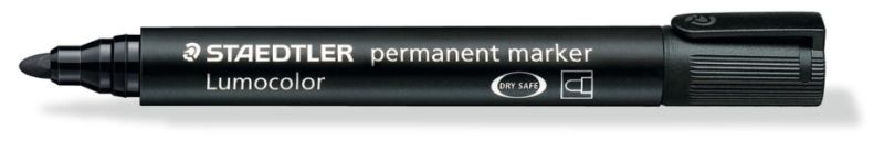 Pack of 10 black Staedtler permanent markers with bullet tips, ideal for vibrant, smudge-proof marking on various surfaces.