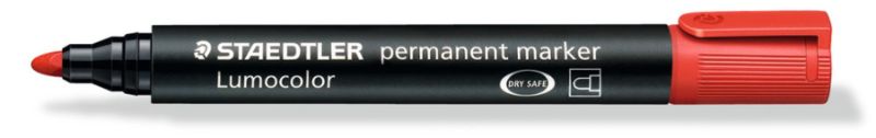 Pack of 10 red Staedtler permanent markers with bullet tips, ideal for quick-drying, vibrant marking on various surfaces.