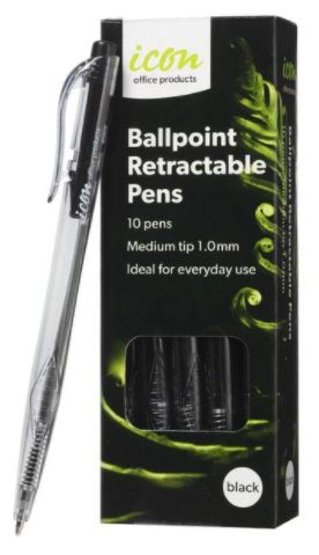 Pack of 10 Icon Black Ball Point Pens with 1.0mm tip, featuring a triangular grip for comfort and smooth ink flow.